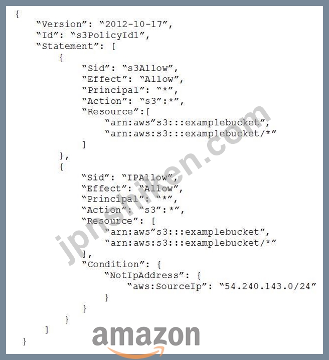 AWSSysOps全真模擬試験質問36：SysOps管理者は、次のバケットポリシーを実装して、54.240.143.0/24の企業IP